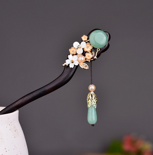 Vintage Green Jade Flower Wood Hair Stick Minimalist Tassels Hair Stick Hair Holder - Zealer